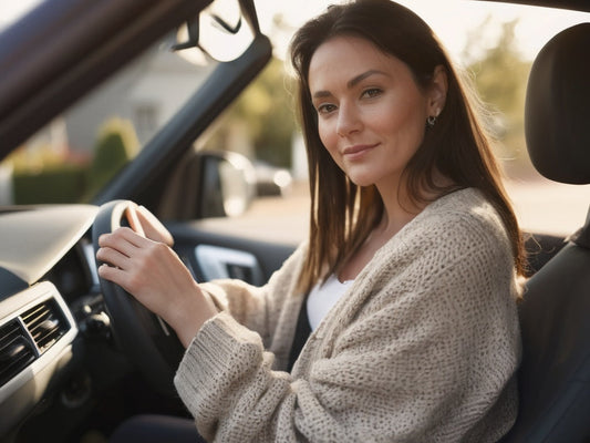Woman sitting comfortably in the driver's seat of a car during tummy tuck recovery
