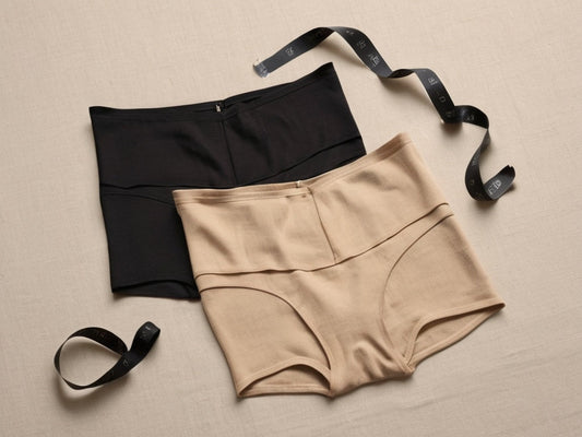 Flat lay of compression garments with measuring tape