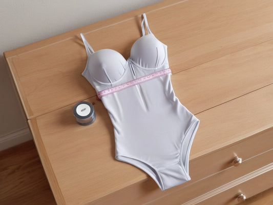 A folded high-waist compression bodysuit with a measuring tape on a dresser