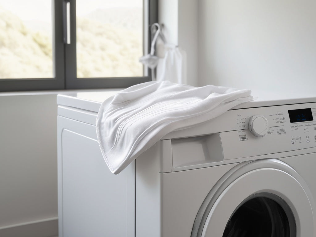 Folded compression garment resting on top of a washing machine in a bright laundry room