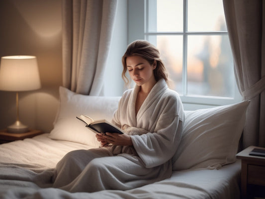 Calm bedroom recovery scene with woman resting against pillows
