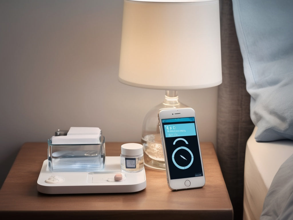 Nightstand with a glass of water, phone clock and a weekly pill organizer