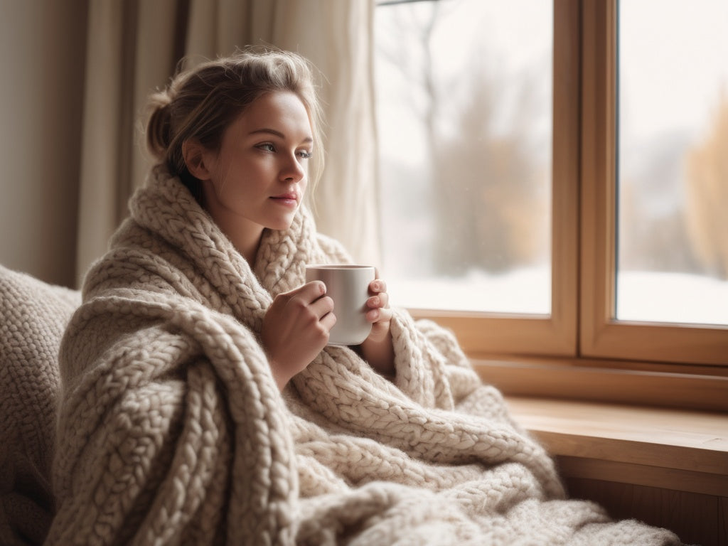 Woman wrapped in a cozy blanket with a mug of tea, reflecting by a bright window