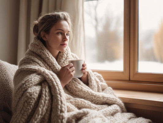 Woman wrapped in a cozy blanket with a mug of tea, reflecting by a bright window