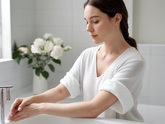 Woman applying fragrance-free lotion during recovery