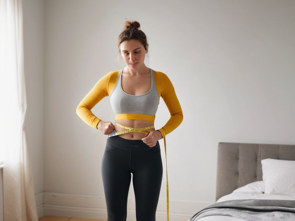 Woman measuring her waist with a soft cloth tape measure