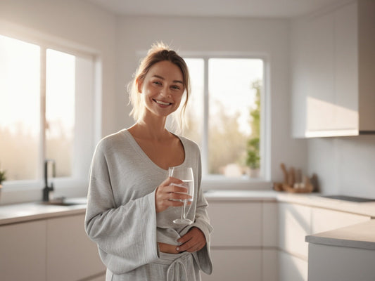 Woman holding a glass of water in a bright kitchen