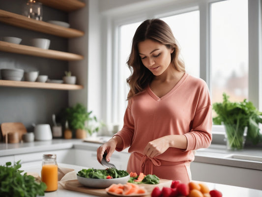 Woman preparing a healthy anti-inflammatory meal in a bright kitchen