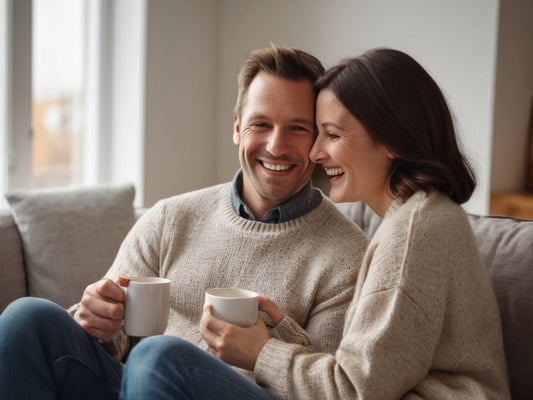 Couple sitting close together on a sofa at home, relaxed and affectionate