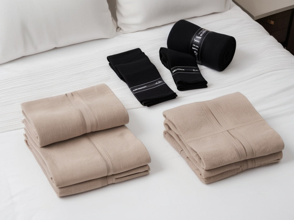 Folded post-surgery compression garments flat lay on a bed