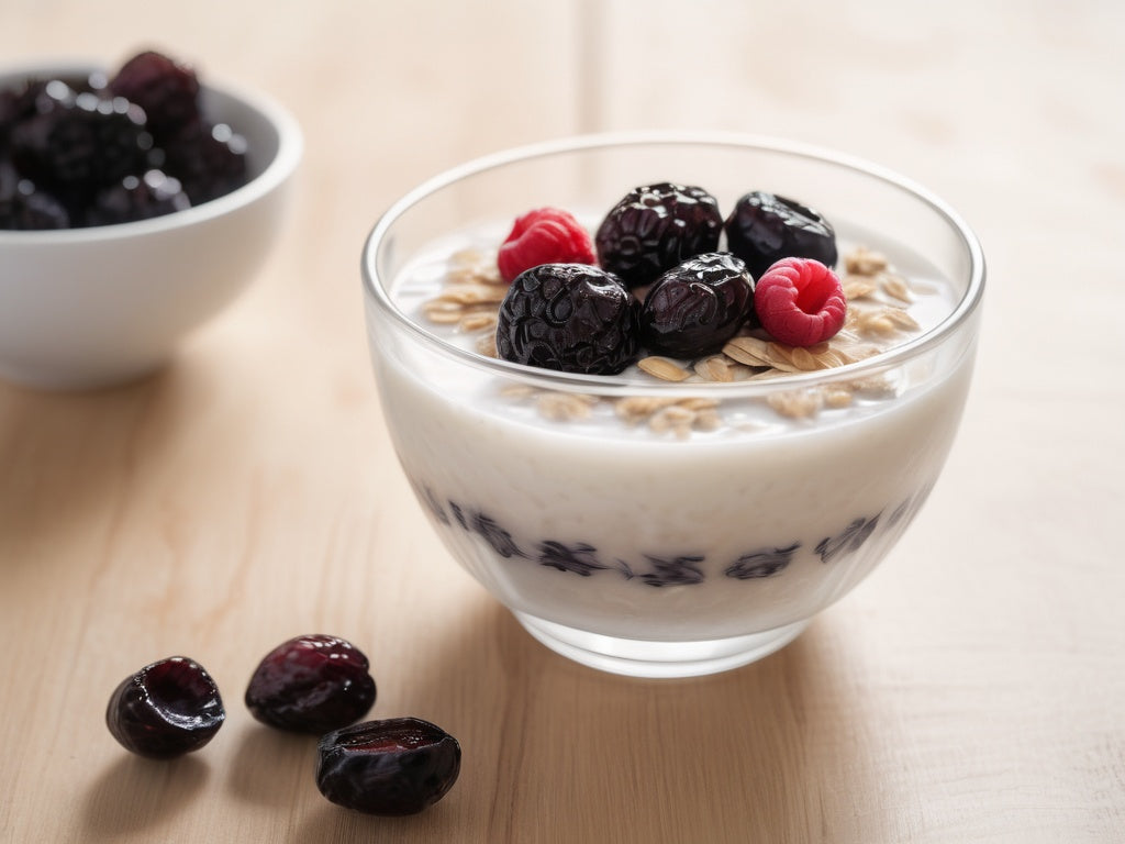 Glass of water, oatmeal with berries, and prunes on a kitchen table