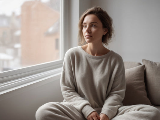 Relaxed woman sitting calmly by a window during recovery