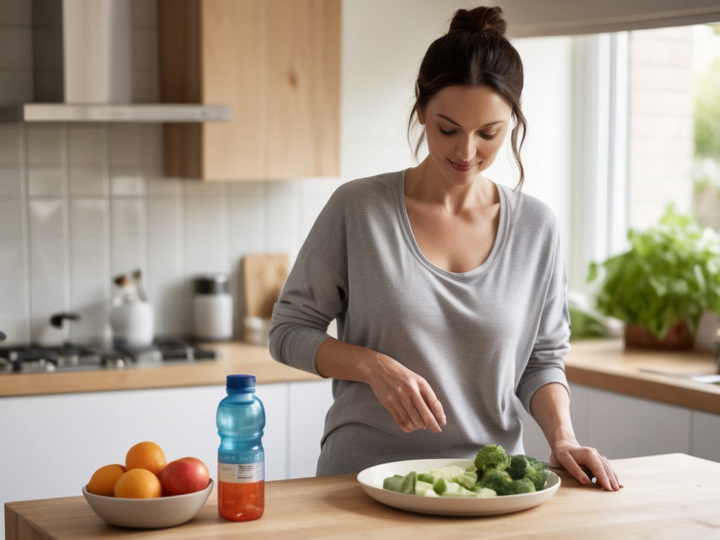 Woman in loungewear preparing a simple healthy meal in a bright kitchen