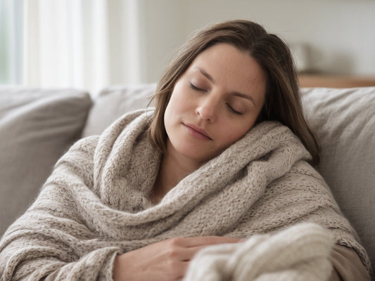 Woman resting peacefully on a couch under a soft blanket