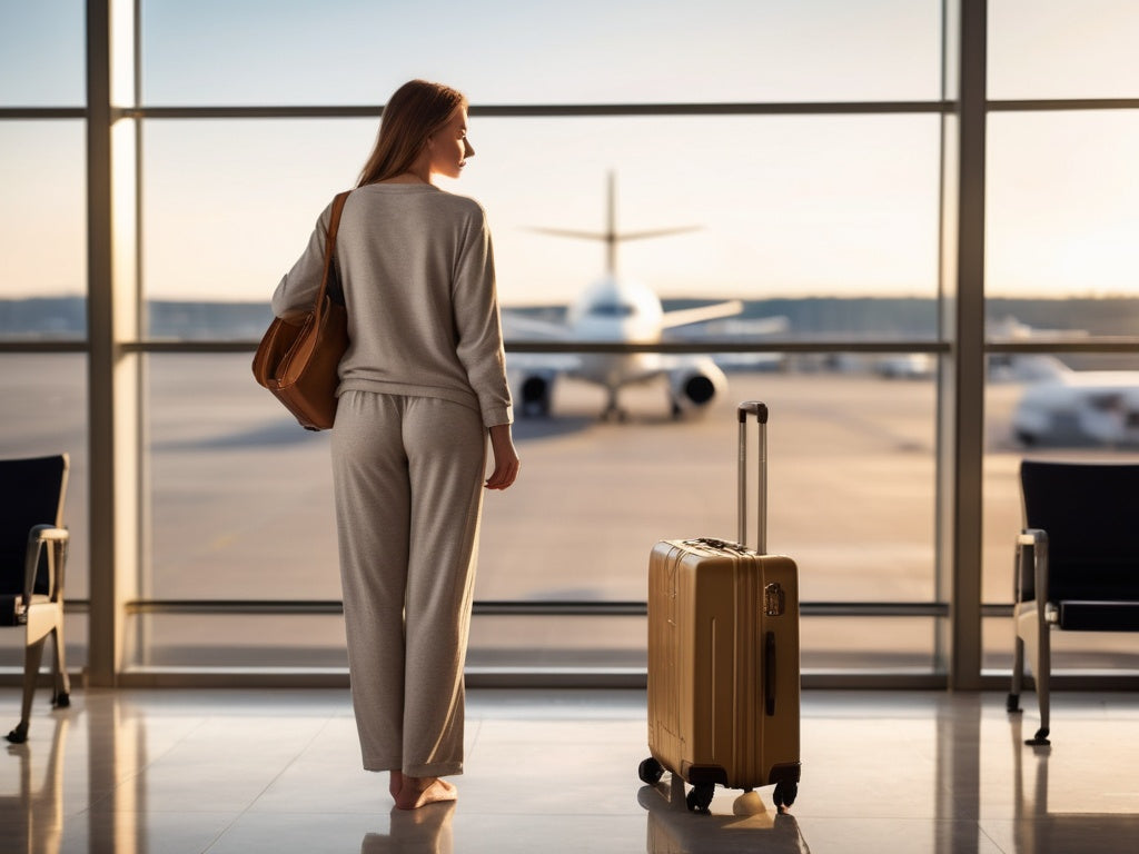 Woman in comfortable loungewear with a small suitcase at an airport window