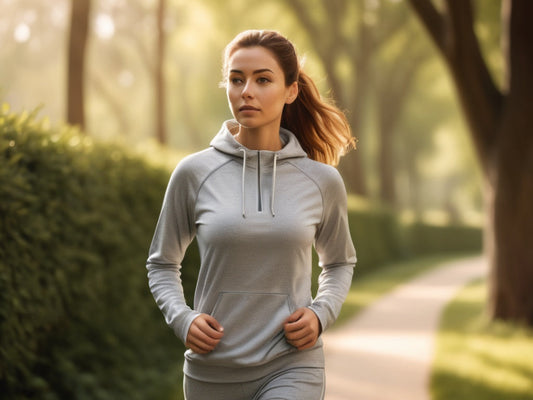 Woman in athletic wear walking on a tree-lined path
