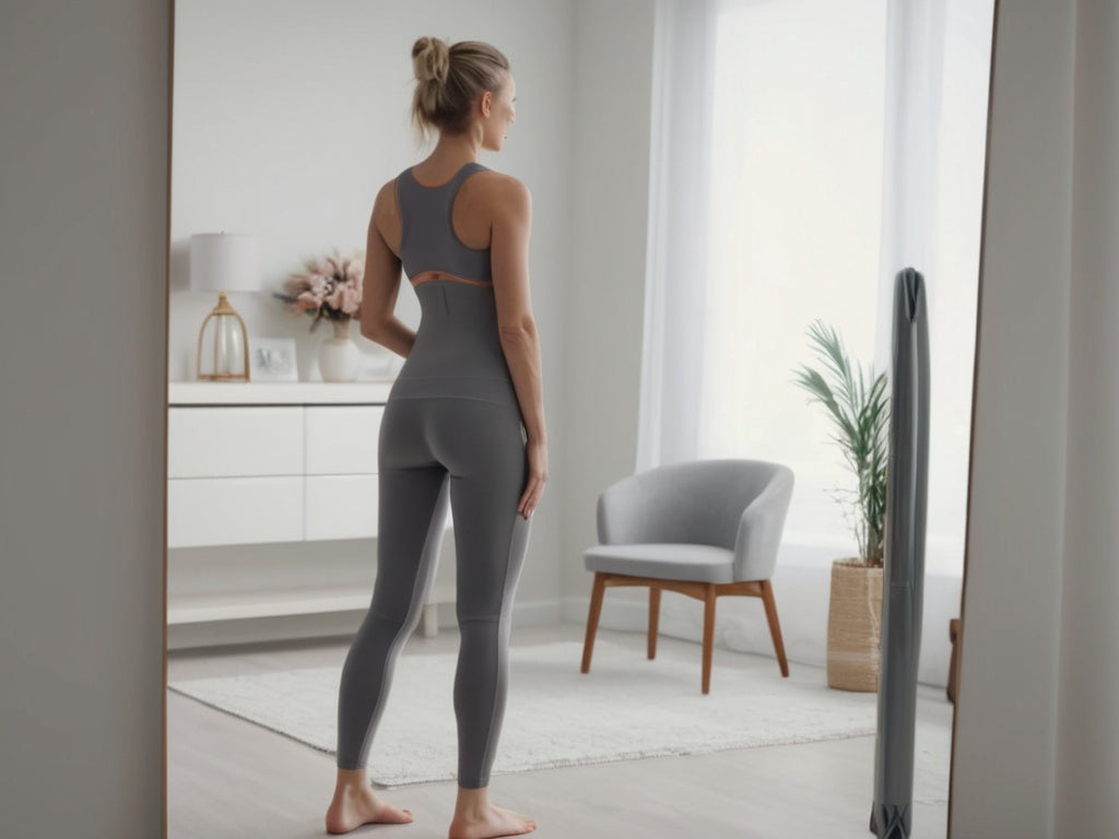 Woman checking the fit of her compression garment in a mirror