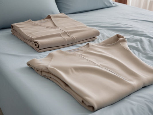 Two folded compression garments side by side on a bed, one newer and one worn