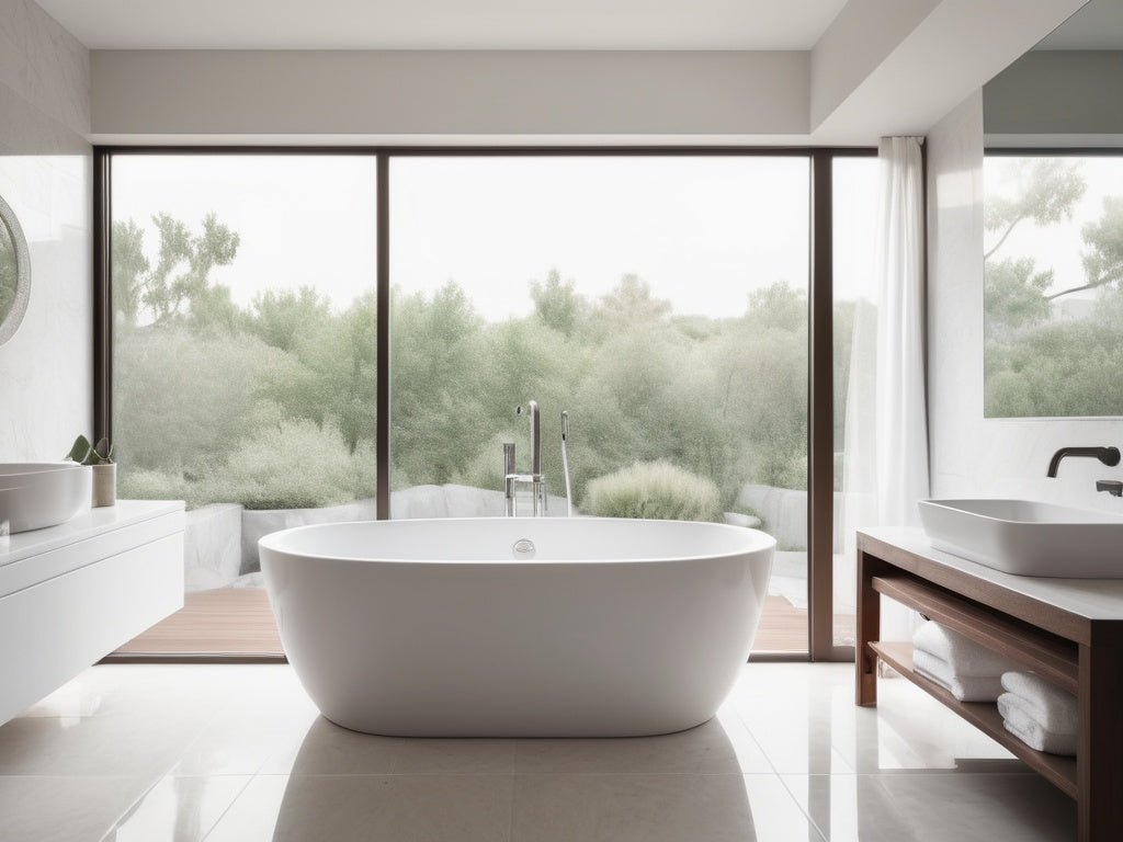 A serene spa-like bathroom with a clean white bathtub and folded towels