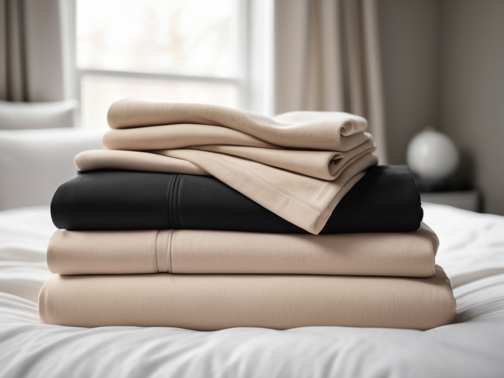 Three folded compression garments stacked beside fresh laundry