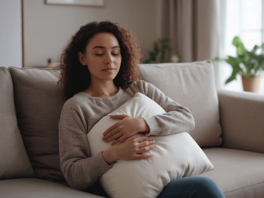 Woman hugging a pillow to her abdomen on a couch