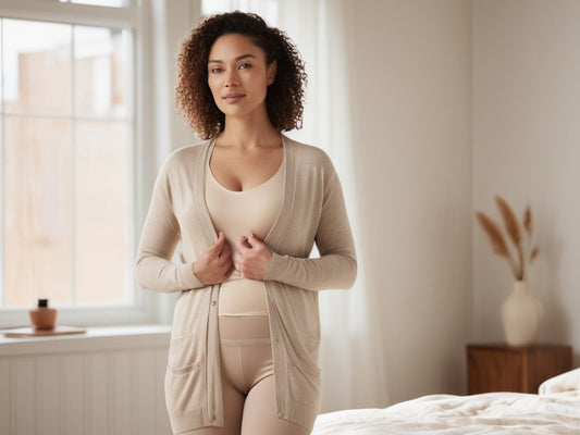 Woman wearing a compression garment under an open cardigan