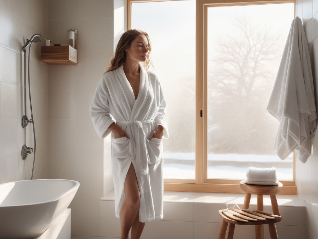 Woman in a soft robe in a bright bathroom preparing for her first post-op shower