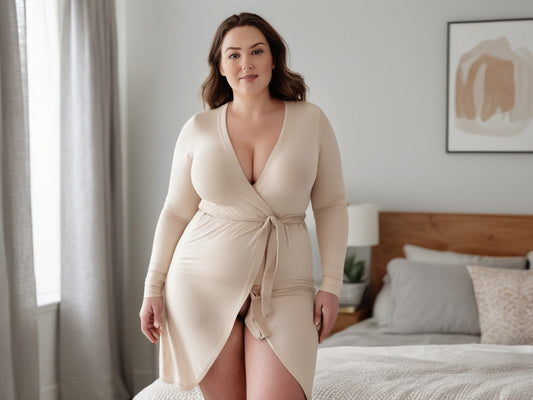 Confident plus-size woman in a fitted compression garment at home