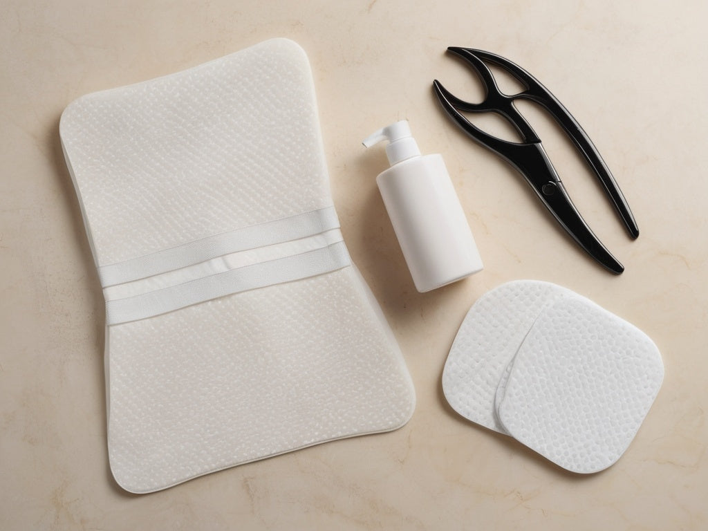 Flat-lay of white lipo foam pads, scissors, and a folded compression garment