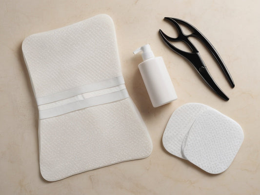 Flat-lay of white lipo foam pads, scissors, and a folded compression garment