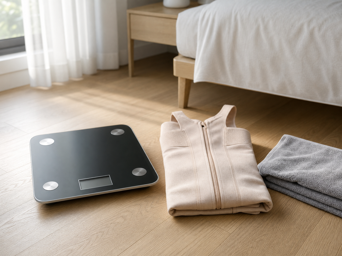 Digital bathroom scale with a blank display next to a folded compression garment on a bedroom floor